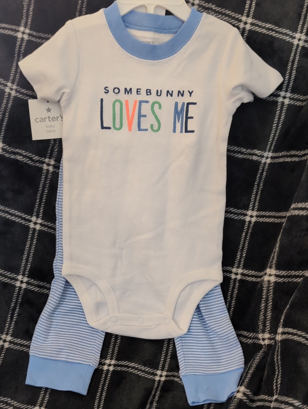 Carter's White Two-Piece with Light Blue Trim and Multicolor 'Loves Me' Print